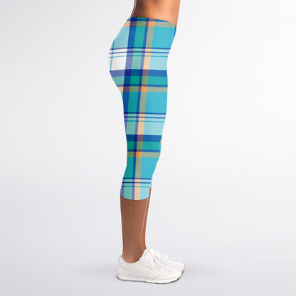 Blue Madras Pattern Print Women's Capri Leggings