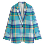 Blue Madras Pattern Print Women's Cotton Blazer