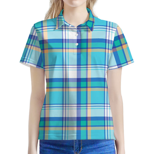 Blue Madras Pattern Print Women's Polo Shirt