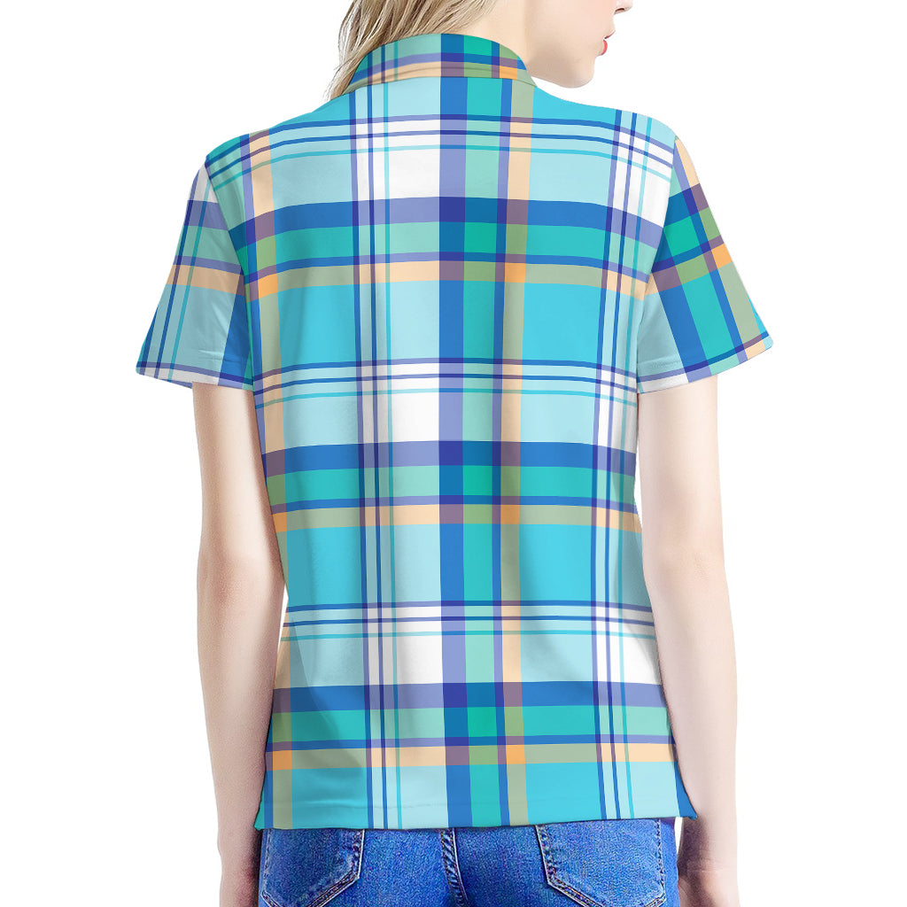Blue Madras Pattern Print Women's Polo Shirt