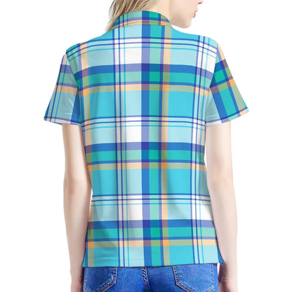Blue Madras Pattern Print Women's Polo Shirt