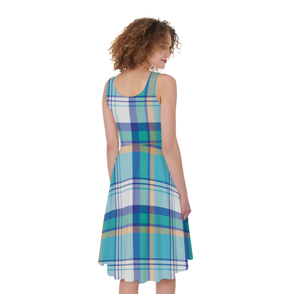 Blue Madras Pattern Print Women's Sleeveless Dress