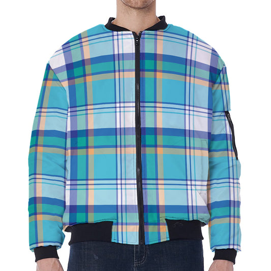 Blue Madras Pattern Print Zip Sleeve Bomber Jacket