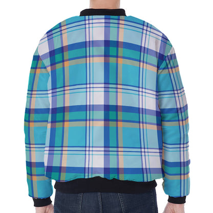 Blue Madras Pattern Print Zip Sleeve Bomber Jacket