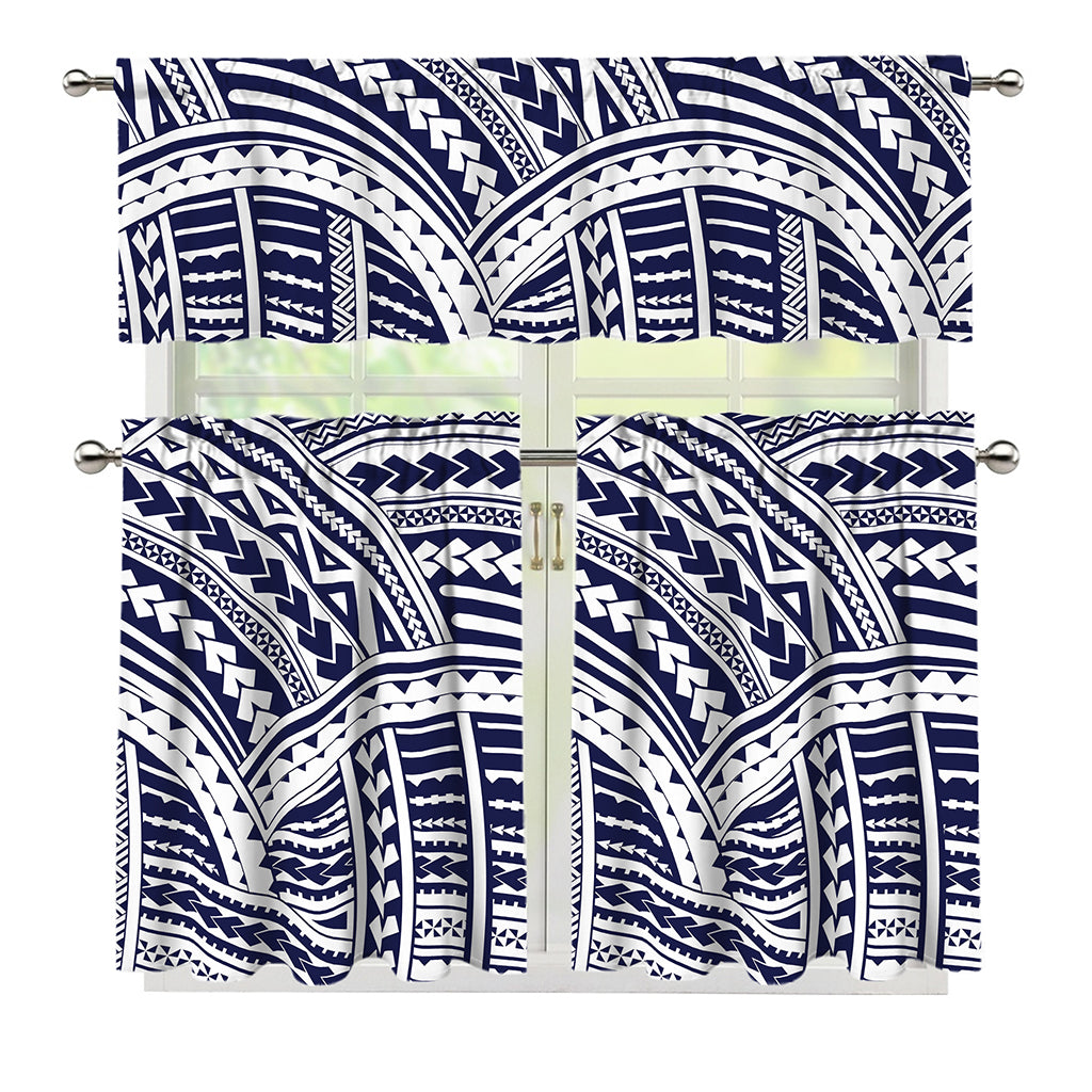 Blue Maori Polynesian Tattoo Print 3 Piece Kitchen Curtains