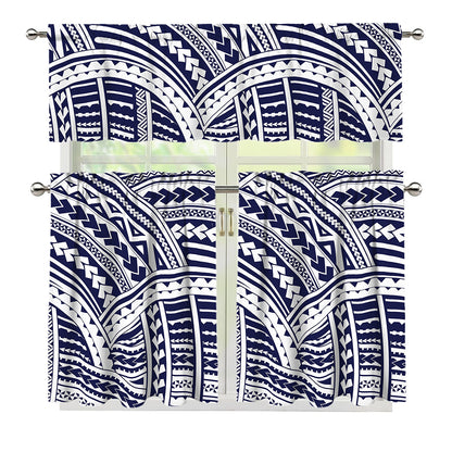 Blue Maori Polynesian Tattoo Print 3 Piece Kitchen Curtains