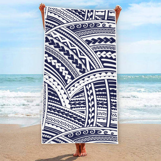 Blue Maori Polynesian Tattoo Print Beach Towel