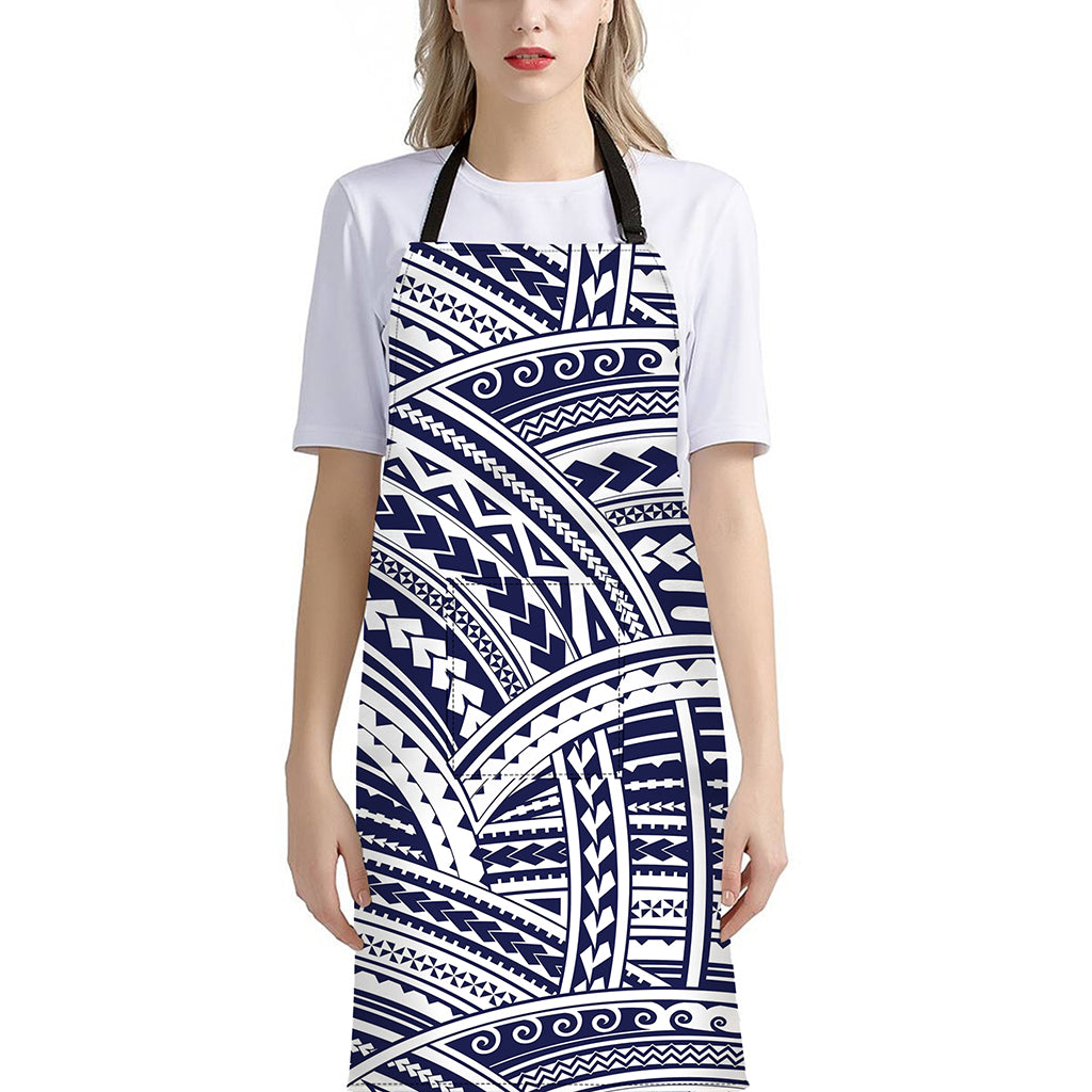 Blue Maori Polynesian Tattoo Print Bib Apron With Pocket