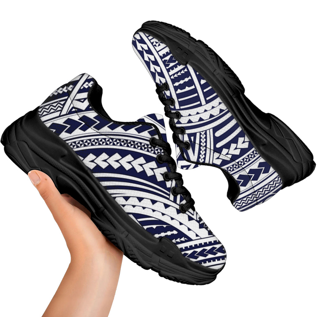 Blue Maori Polynesian Tattoo Print Black Chunky Shoes