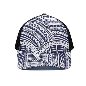 Blue Maori Polynesian Tattoo Print Black Mesh Trucker Cap