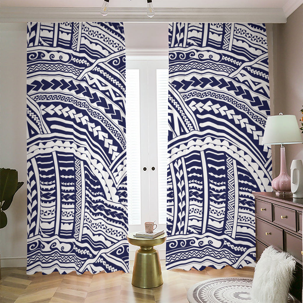 Blue Maori Polynesian Tattoo Print Blackout Pencil Pleat Curtains