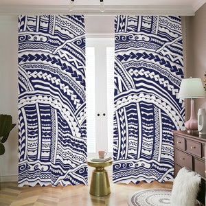 Blue Maori Polynesian Tattoo Print Blackout Pencil Pleat Curtains