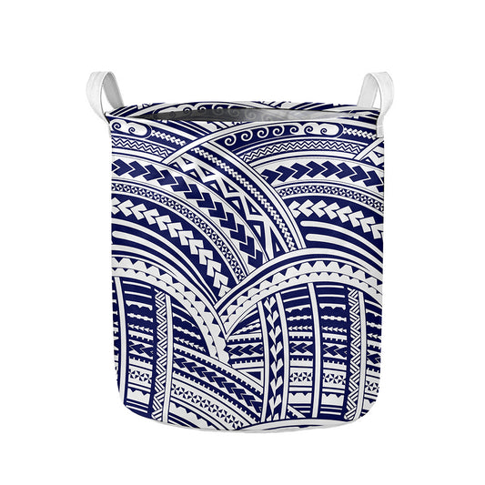 Blue Maori Polynesian Tattoo Print Collapsible Laundry Basket
