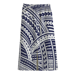 Blue Maori Polynesian Tattoo Print Cotton Front Slit Maxi Skirt