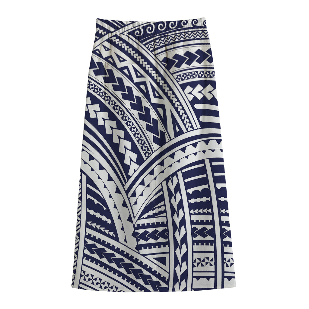 Blue Maori Polynesian Tattoo Print Cotton Front Slit Maxi Skirt