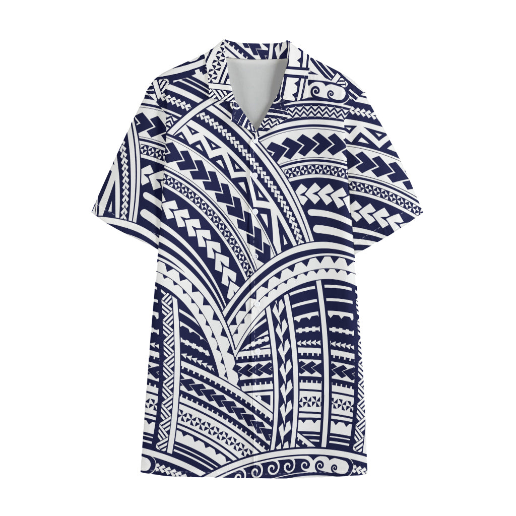 Blue Maori Polynesian Tattoo Print Cotton Hawaiian Shirt