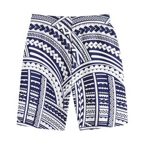 Blue Maori Polynesian Tattoo Print Cotton Shorts