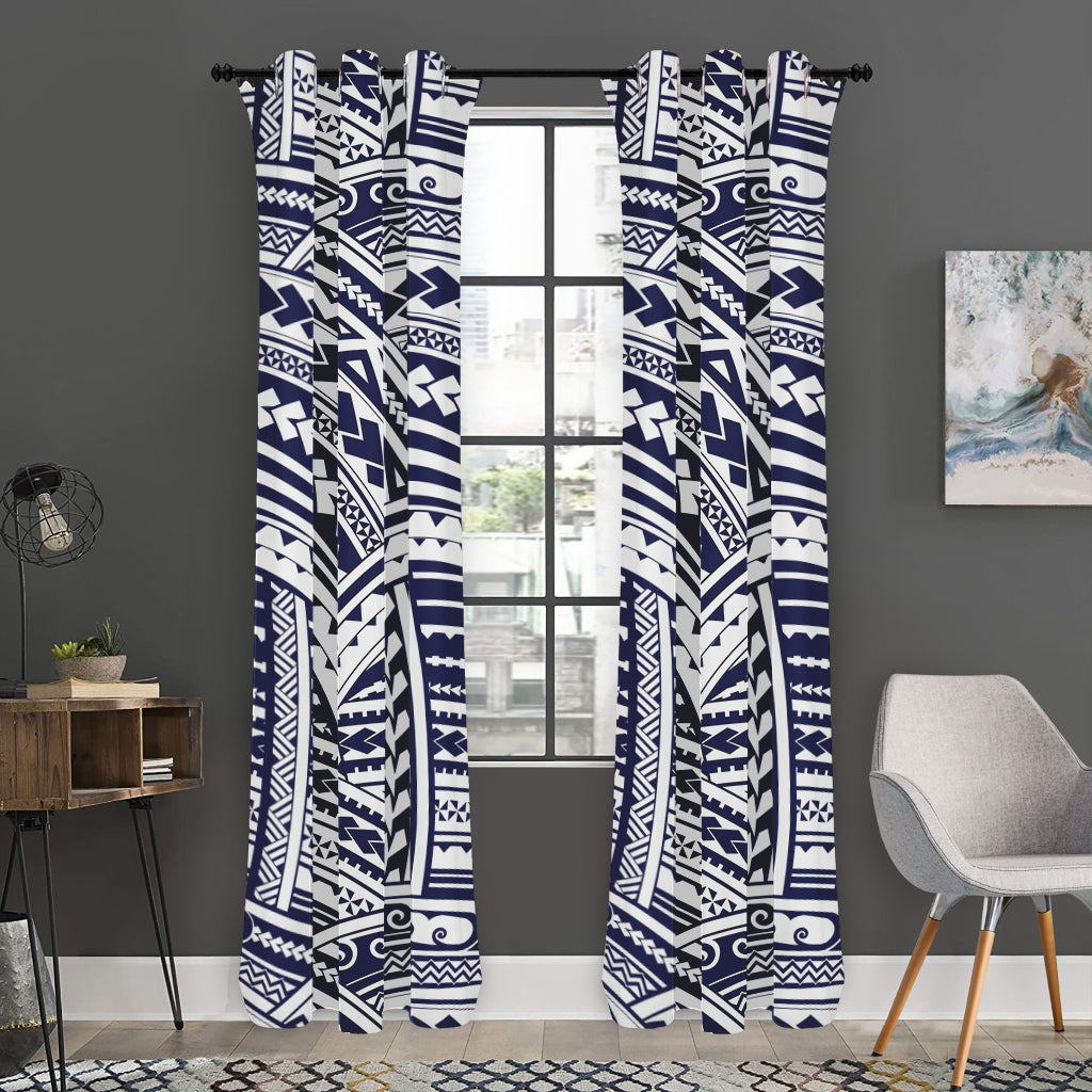 Blue Maori Polynesian Tattoo Print Curtain