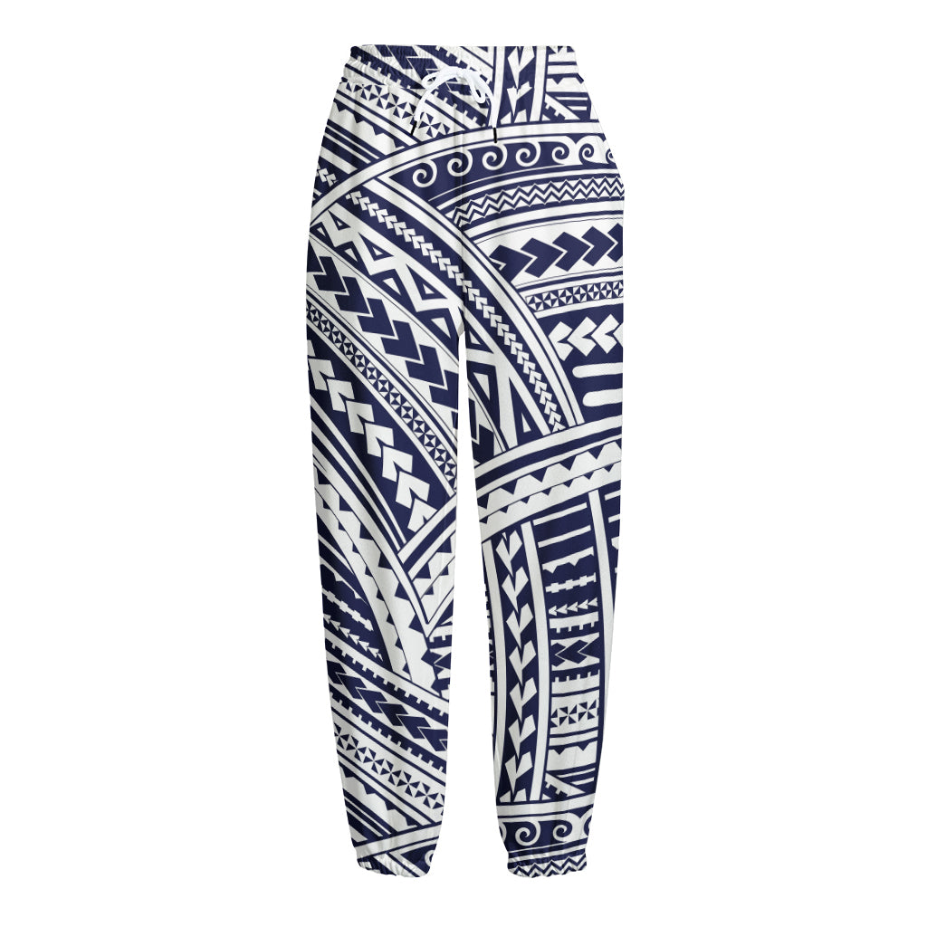 Blue Maori Polynesian Tattoo Print Fleece Lined Knit Pants