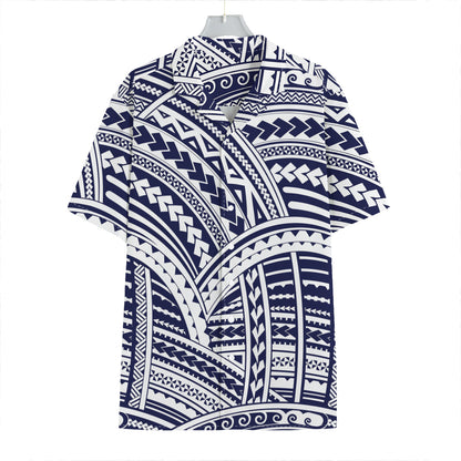 Blue Maori Polynesian Tattoo Print Hawaiian Shirt