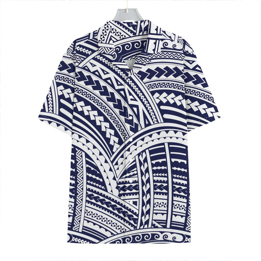 Blue Maori Polynesian Tattoo Print Hawaiian Shirt