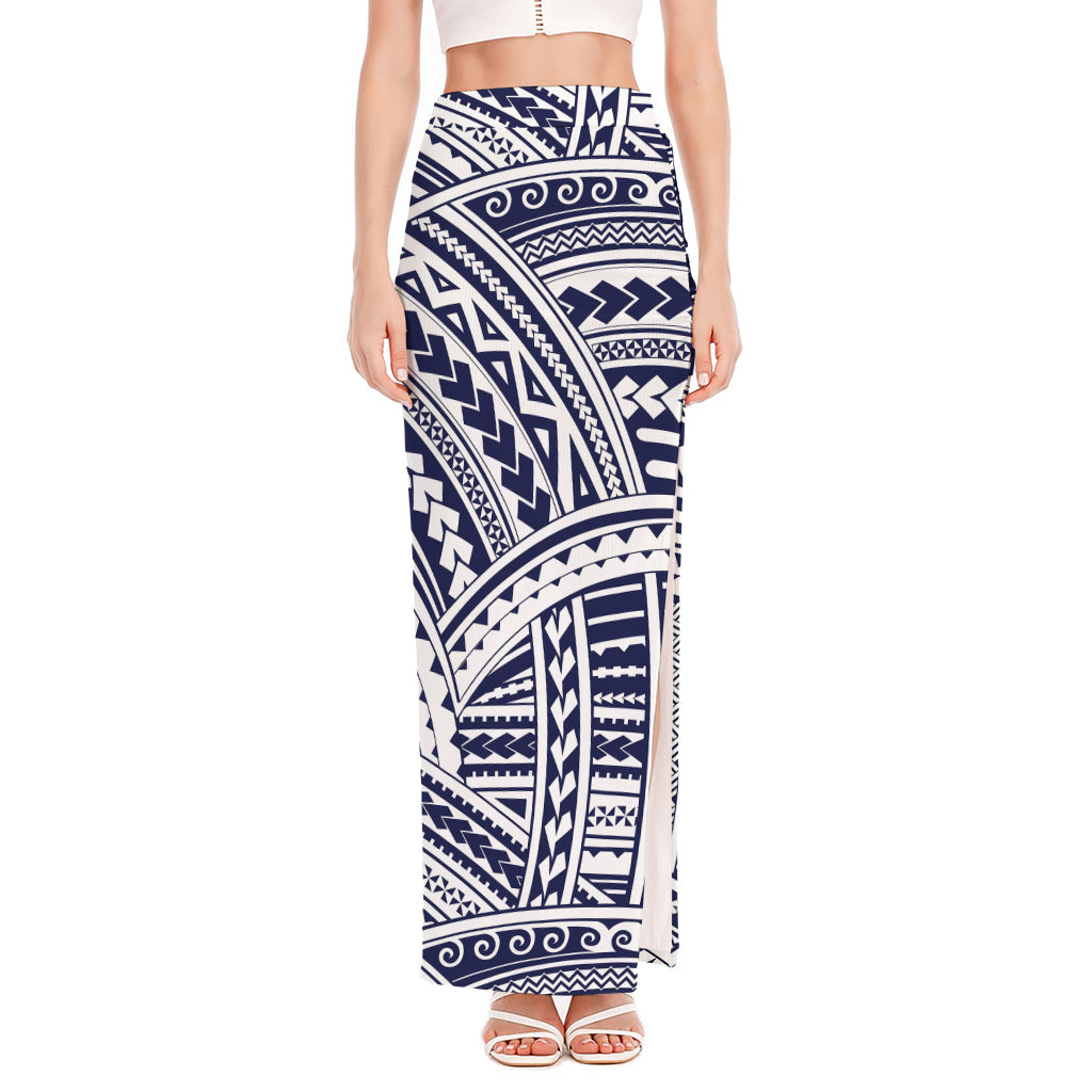 Blue Maori Polynesian Tattoo Print High Slit Maxi Skirt