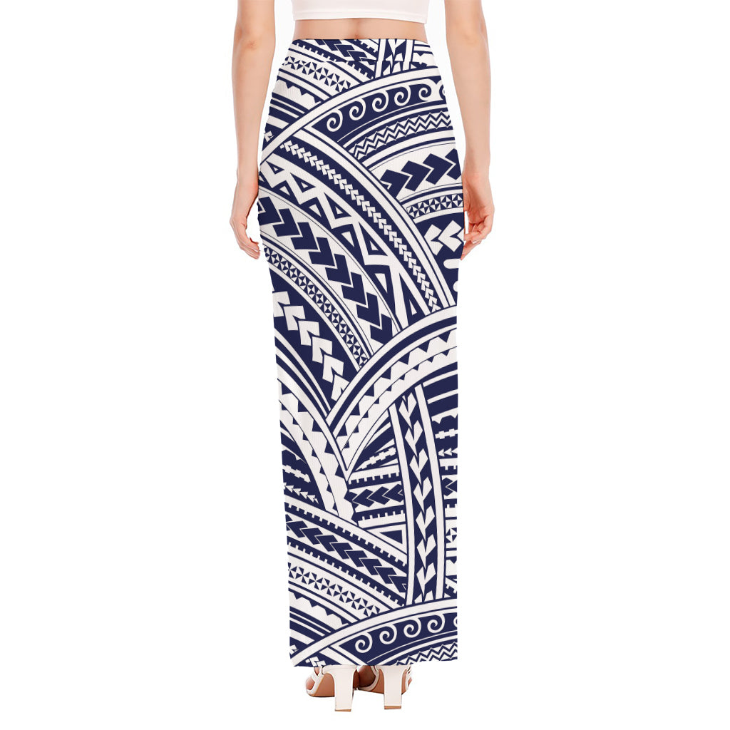 Blue Maori Polynesian Tattoo Print High Slit Maxi Skirt