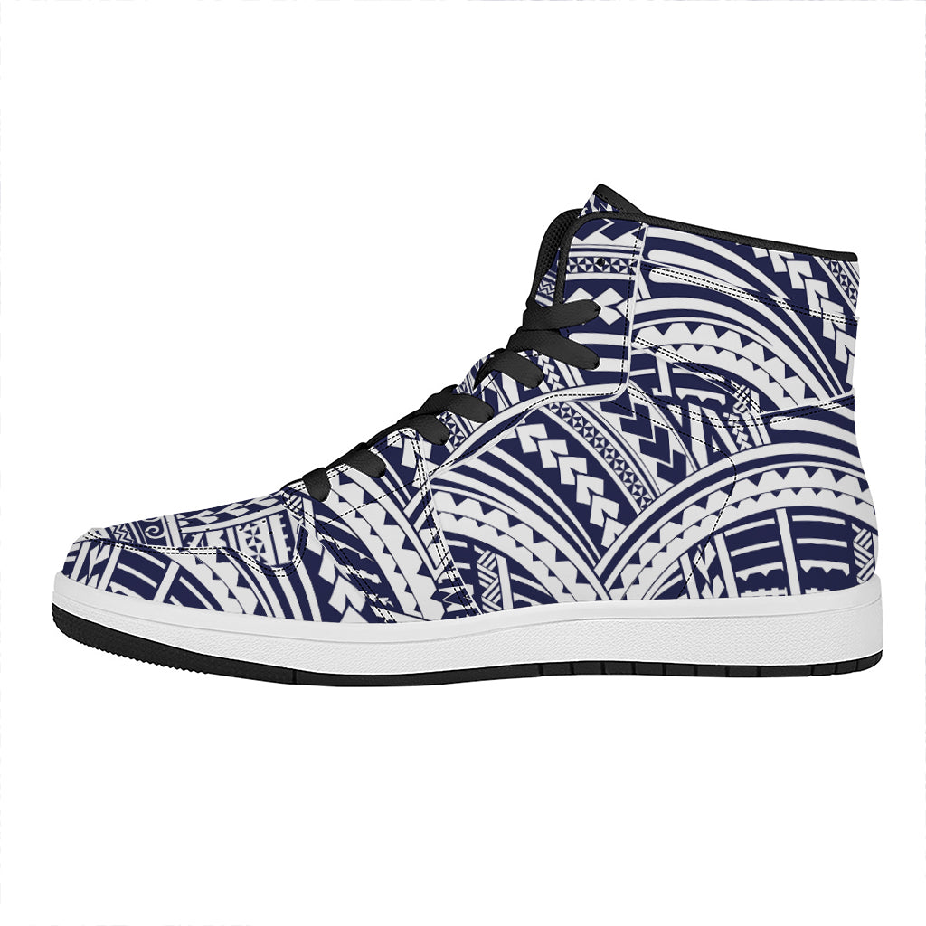 Blue Maori Polynesian Tattoo Print High Top Leather Sneakers