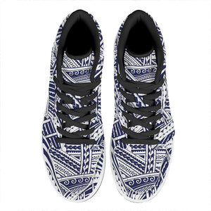 Blue Maori Polynesian Tattoo Print High Top Leather Sneakers