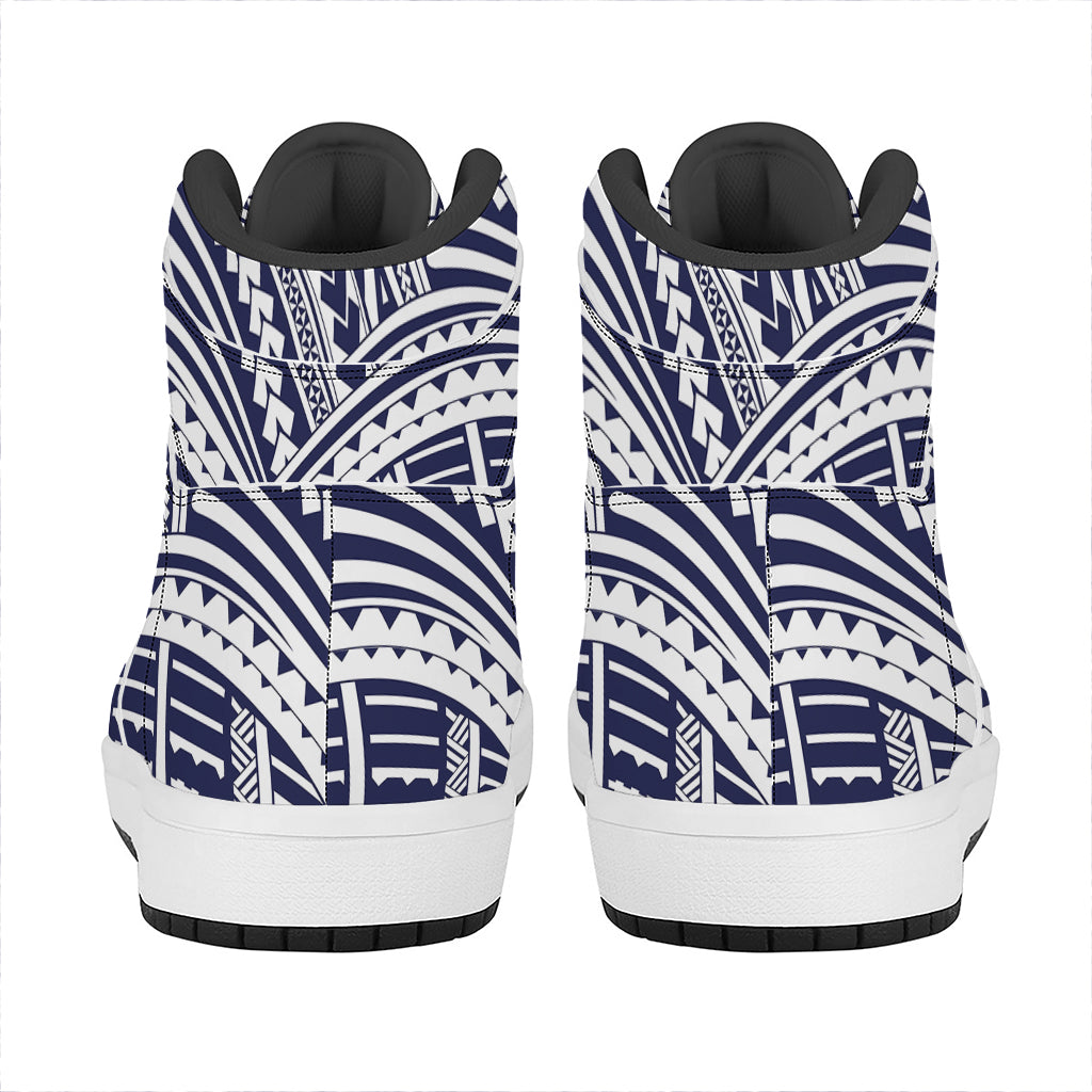 Blue Maori Polynesian Tattoo Print High Top Leather Sneakers