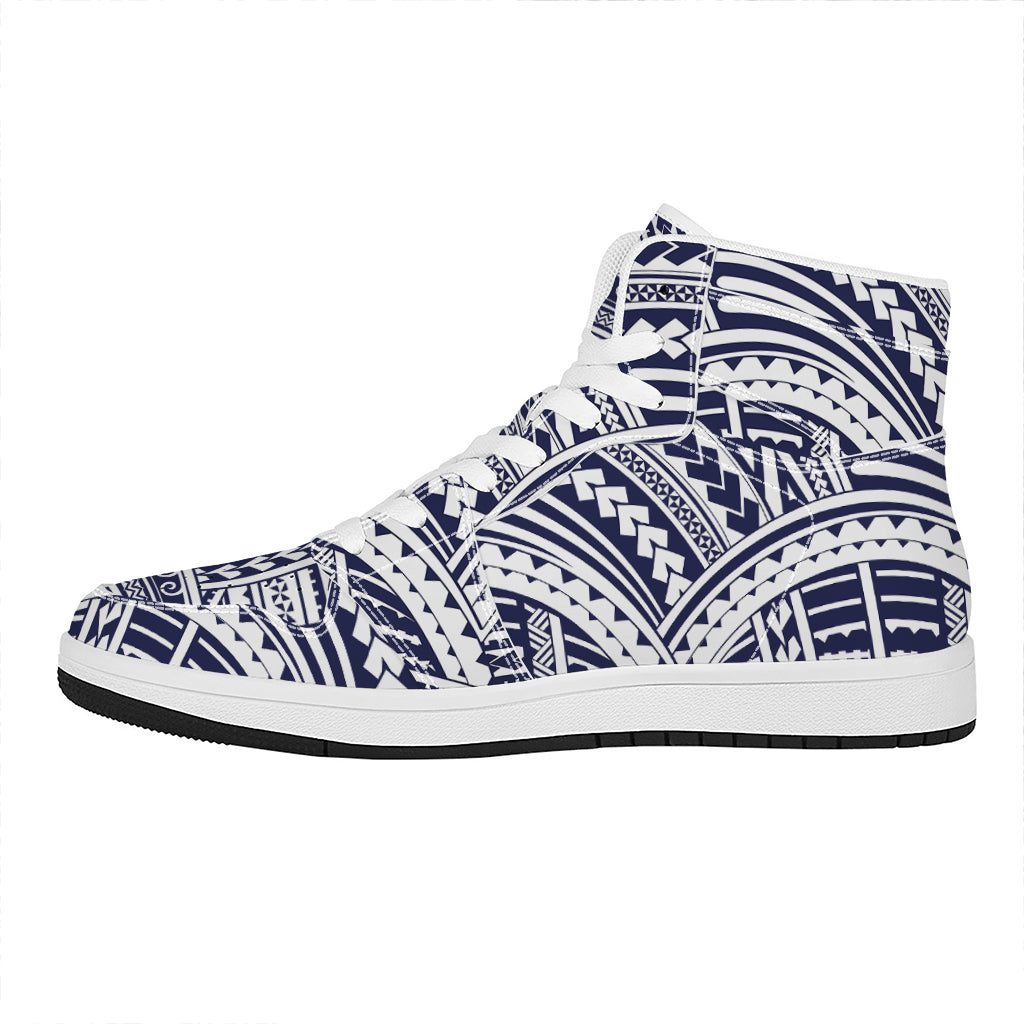 Blue Maori Polynesian Tattoo Print High Top Leather Sneakers