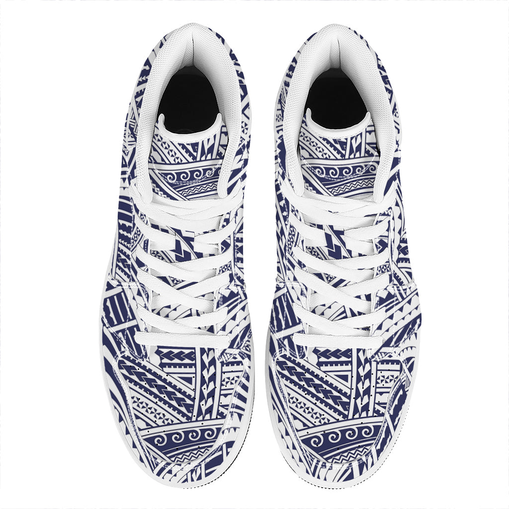 Blue Maori Polynesian Tattoo Print High Top Leather Sneakers
