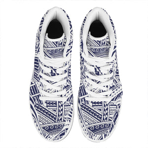 Blue Maori Polynesian Tattoo Print High Top Leather Sneakers