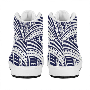 Blue Maori Polynesian Tattoo Print High Top Leather Sneakers