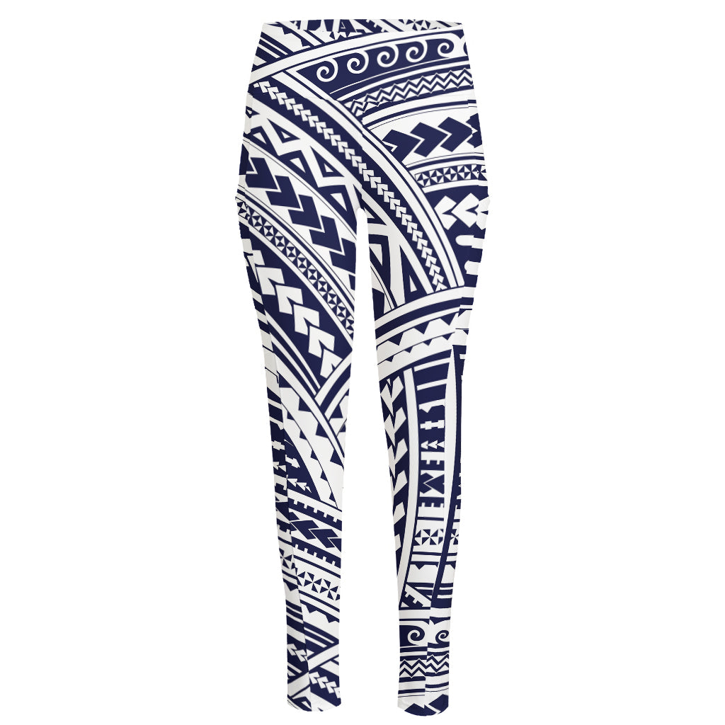 Blue Maori Polynesian Tattoo Print High-Waisted Pocket Leggings