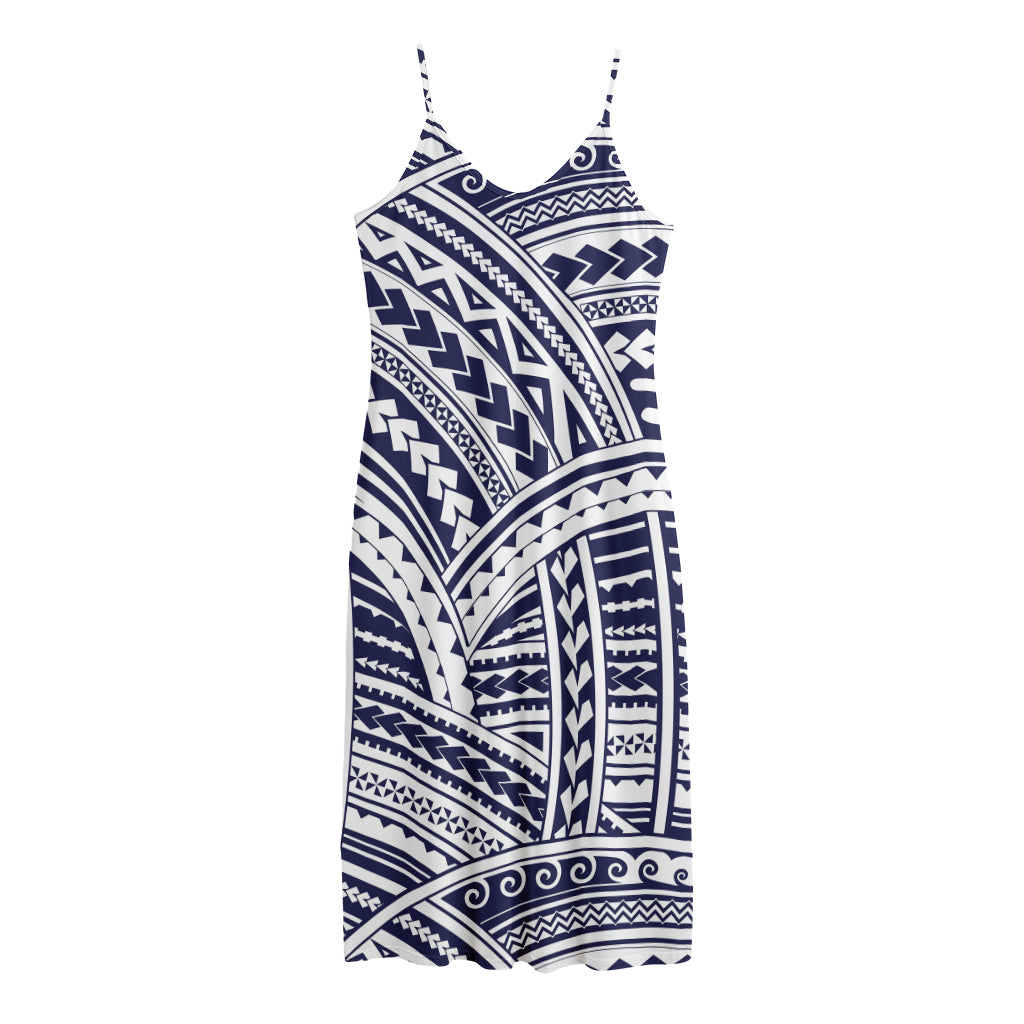 Blue Maori Polynesian Tattoo Print Jersey Midi Cami Dress