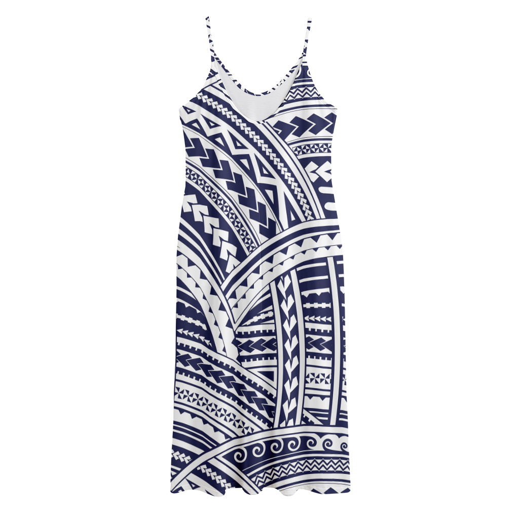 Blue Maori Polynesian Tattoo Print Jersey Midi Cami Dress