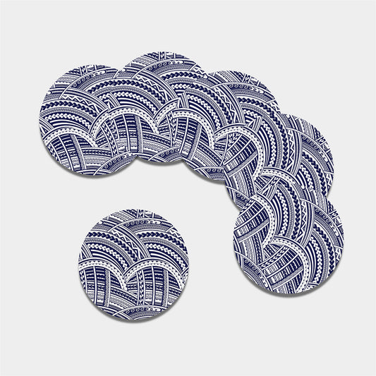 Blue Maori Polynesian Tattoo Print Leather Coaster Set