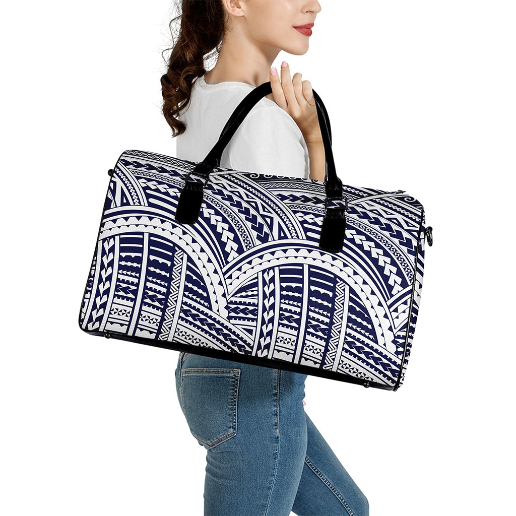 Blue Maori Polynesian Tattoo Print Leather Duffle Bag