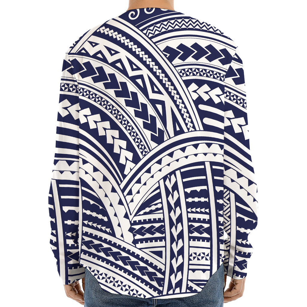 Blue Maori Polynesian Tattoo Print Long Sleeve Baseball Jersey