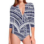 Blue Maori Polynesian Tattoo Print Long Sleeve Swimsuit