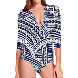 Blue Maori Polynesian Tattoo Print Long Sleeve Swimsuit