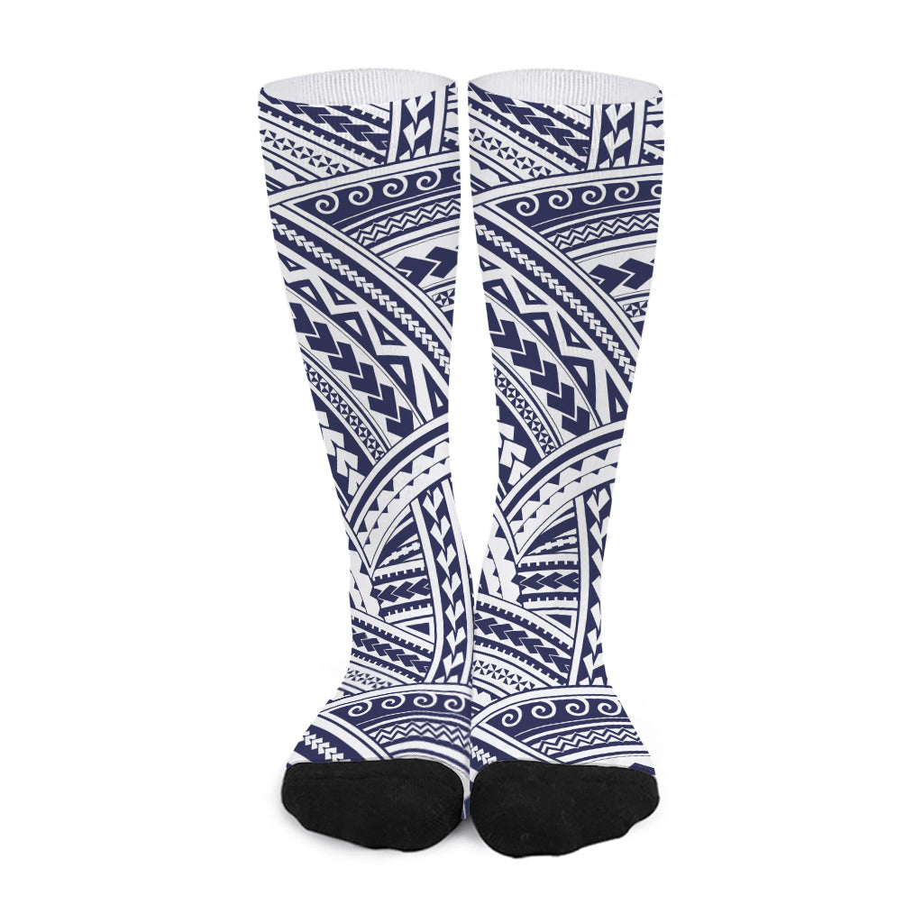 Blue Maori Polynesian Tattoo Print Long Socks