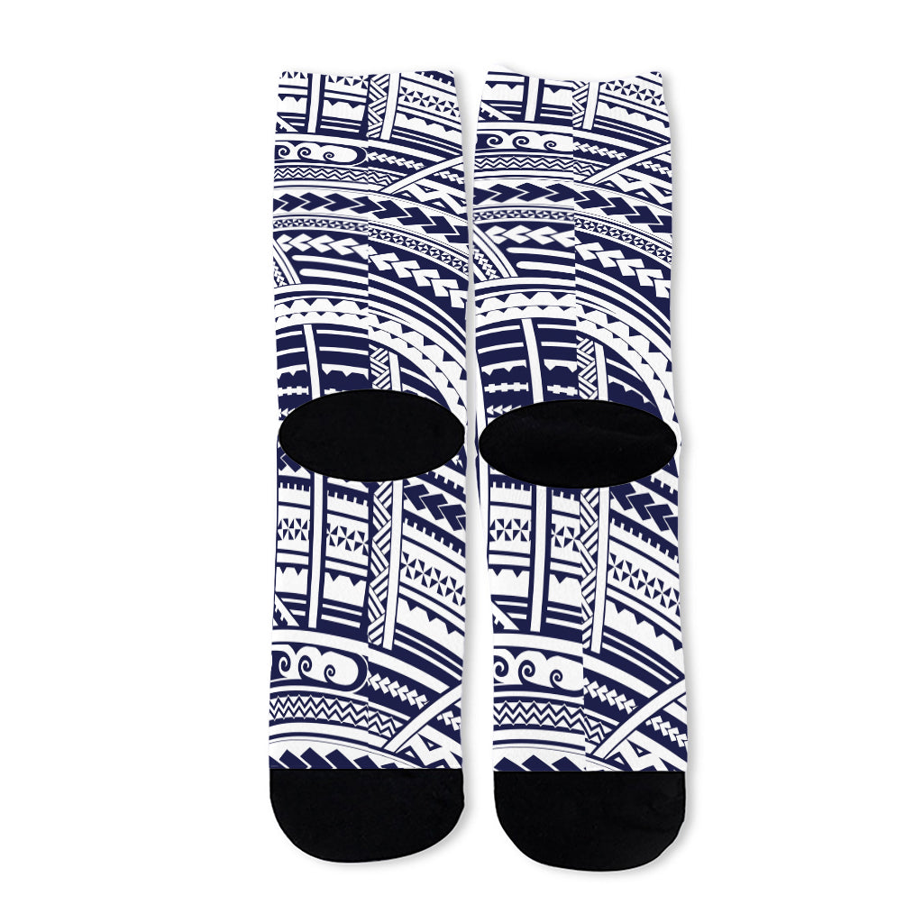 Blue Maori Polynesian Tattoo Print Long Socks