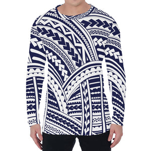 Blue Maori Polynesian Tattoo Print Men's Long Sleeve T-Shirt