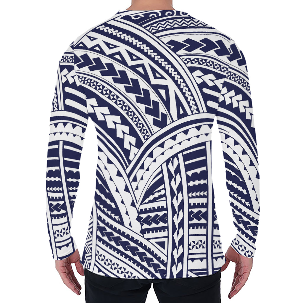 Blue Maori Polynesian Tattoo Print Men's Long Sleeve T-Shirt