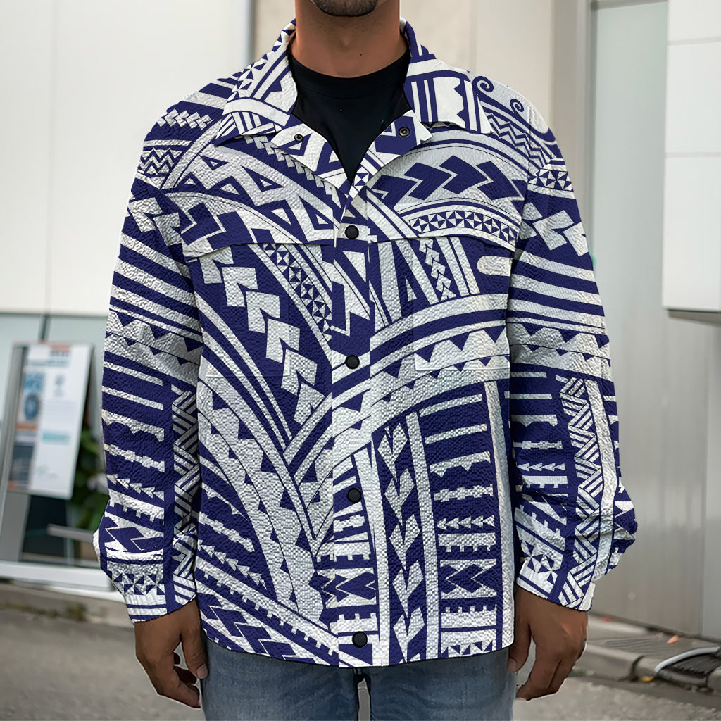 Blue Maori Polynesian Tattoo Print Men's Shirt Jacket