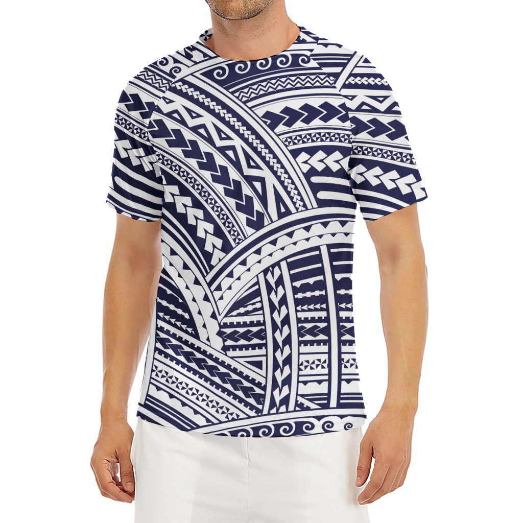 Blue Maori Polynesian Tattoo Print Men's Short Sleeve Rash Guard