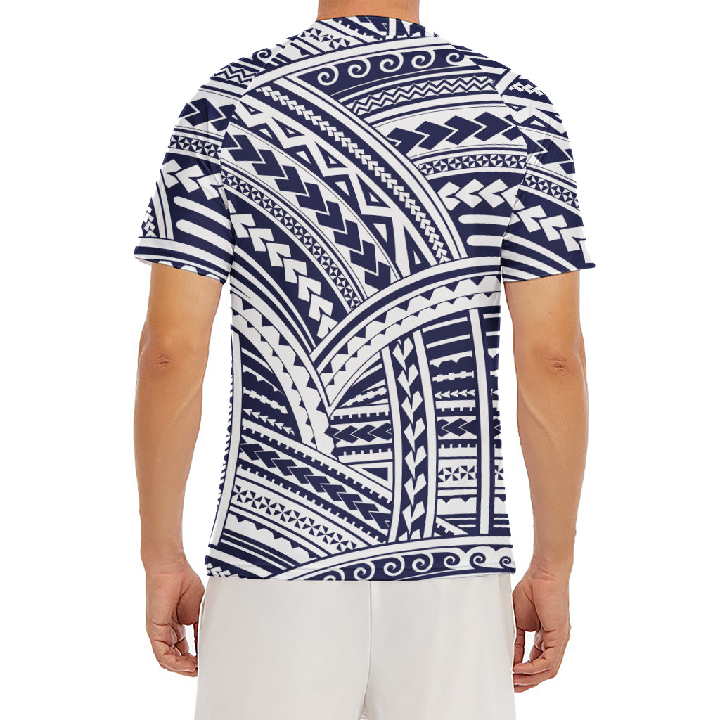 Blue Maori Polynesian Tattoo Print Men's Short Sleeve Rash Guard