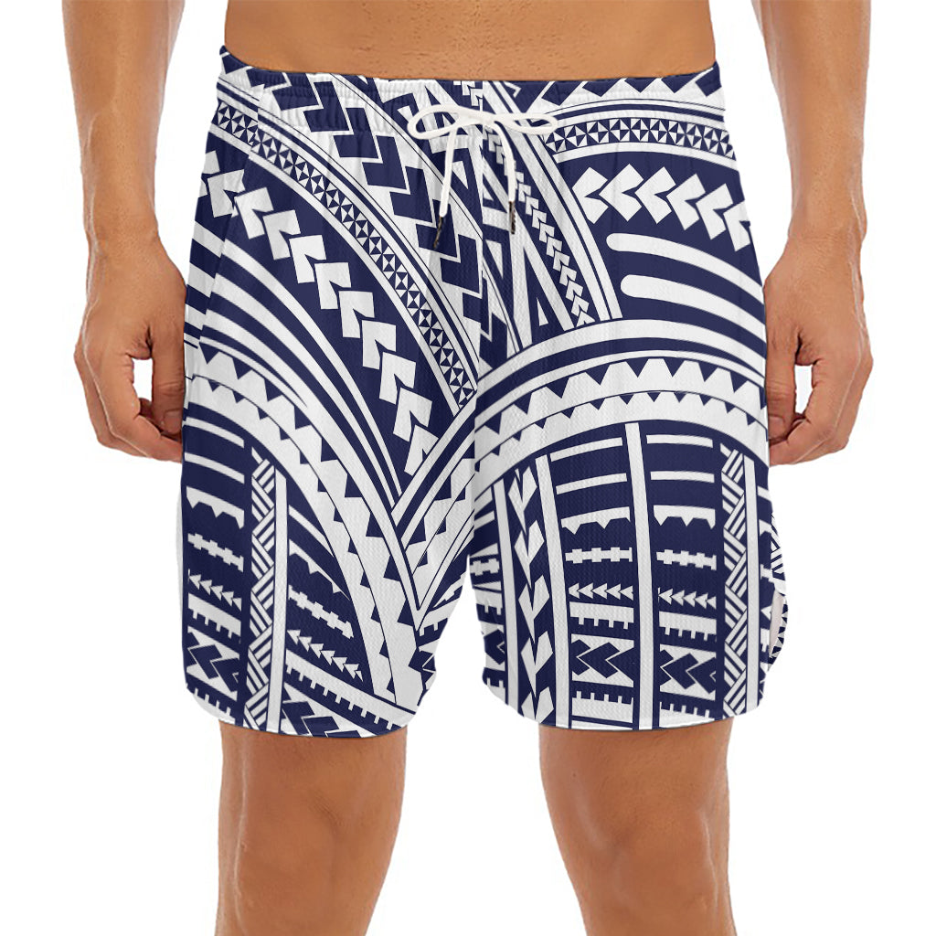 Blue Maori Polynesian Tattoo Print Men's Split Running Shorts